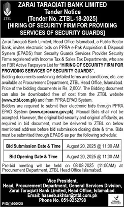 Zarai Taraqiati Bank Limited Islamabad Tender Notice